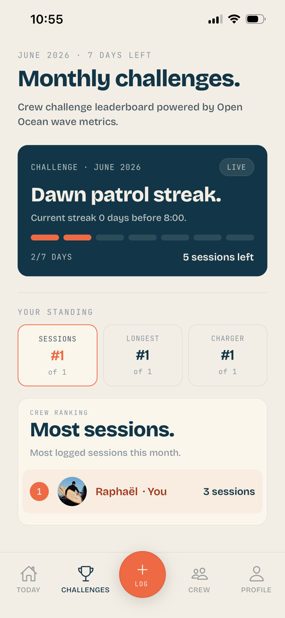 Corail monthly challenges screen with crew standings and rankings.