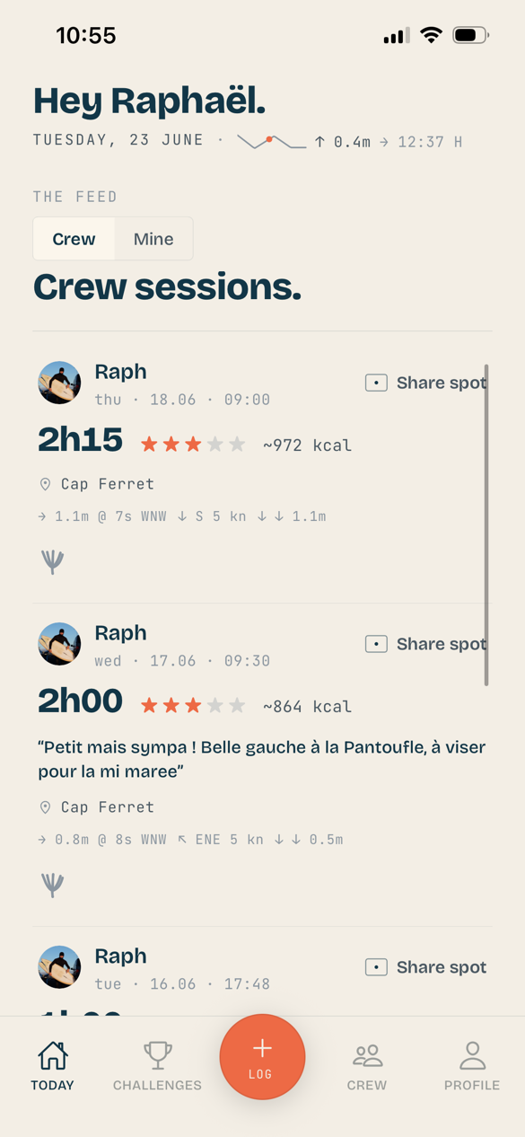 Corail crew feed with recent surf sessions, ratings, spot, calories, and wave notes.