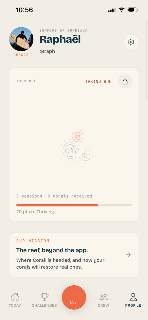 Corail profile screen showing reef progress, sessions, and mission card.